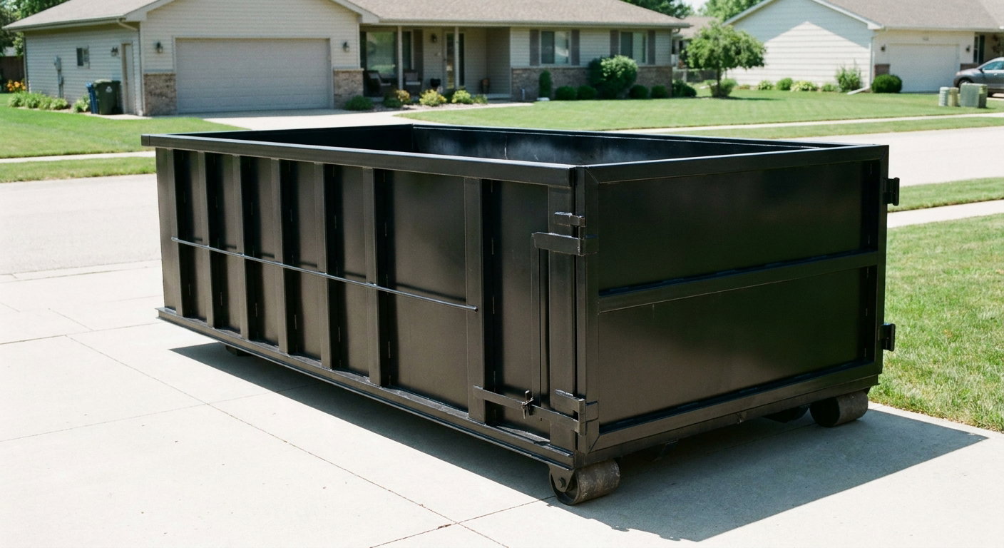 Matte-black 10-yard roll-off dumpster on a residential concrete driveway in Denver, uniformly painted matte black across every panel and rail, ribbed steel sidewalls and rear swing door visible, mid-day daylight.
