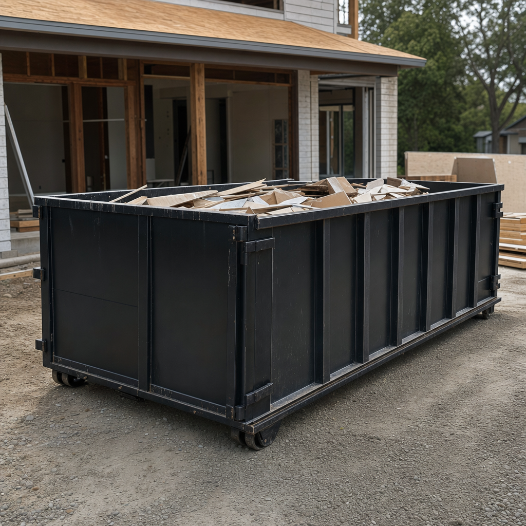 Large matte-black 30-yard construction roll-off dumpster at an active Denver jobsite, steel-gray top rails and bottom rollers visible, loaded with construction debris.
