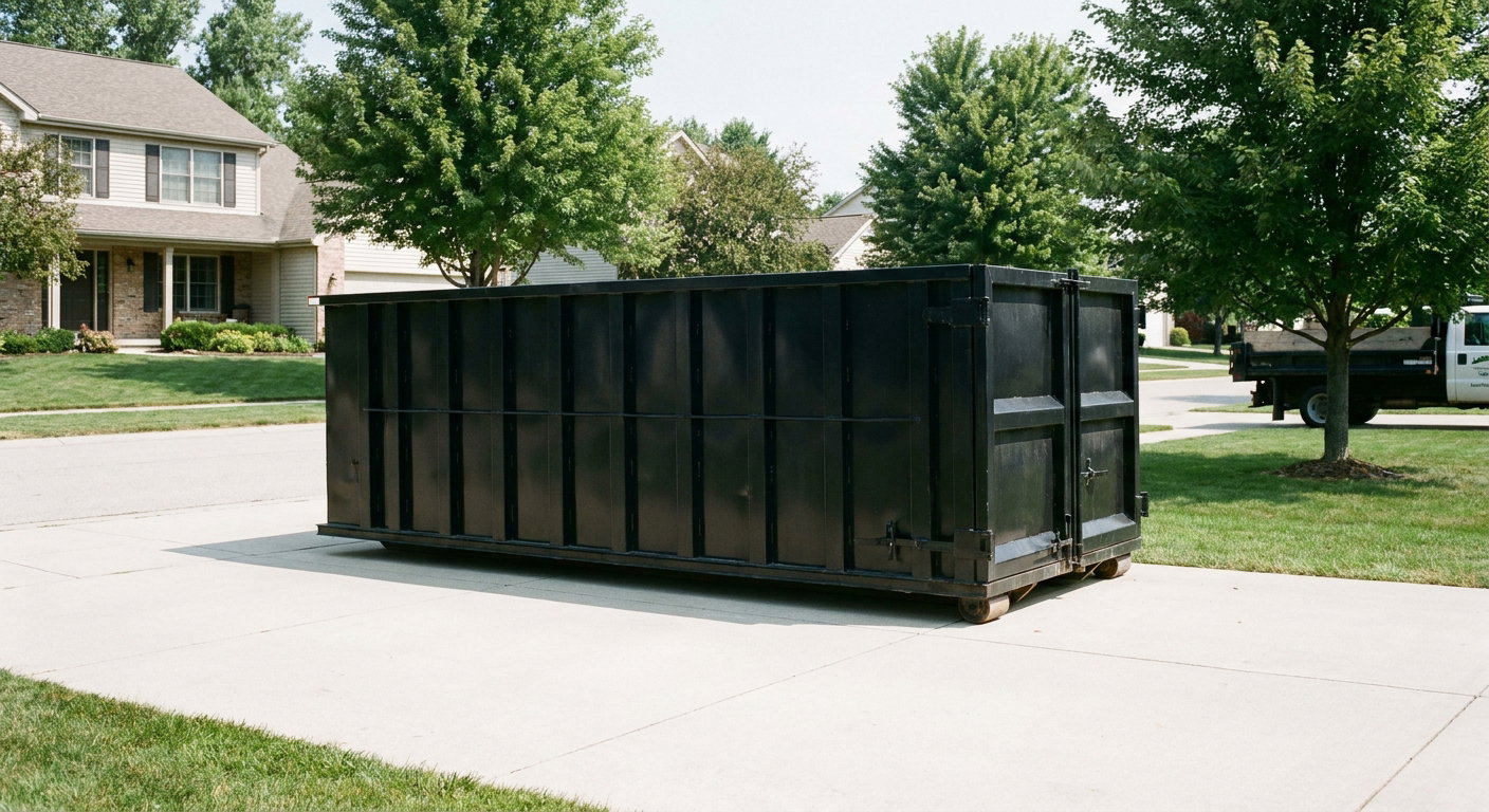 Matte-black 20-yard roll-off dumpster sitting level on a clean Denver residential concrete driveway under bright daylight, demonstrating clean placement directly on the concrete.