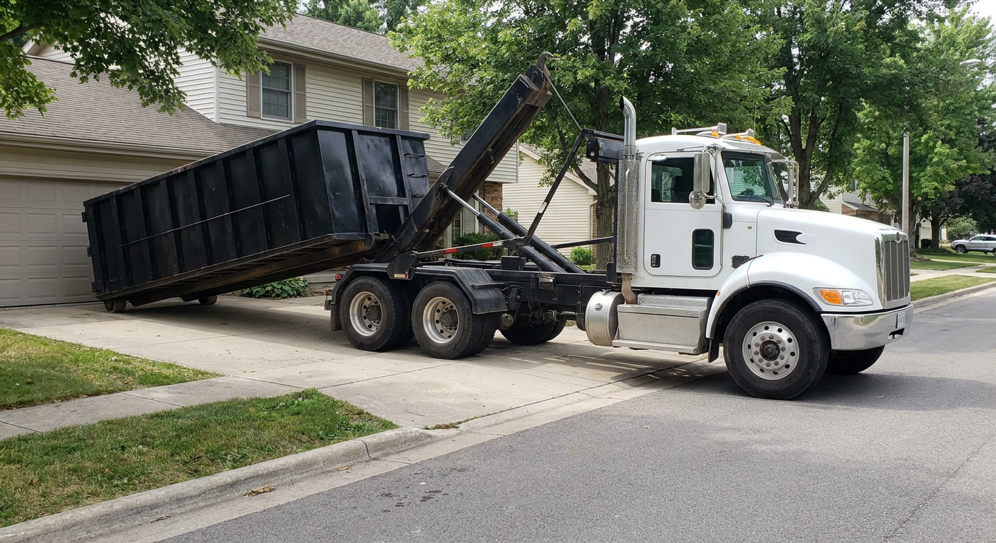 White-cab hooklift roll-off truck actively lowering a matte-black dumpster onto a Denver residential concrete driveway, the dumpster's rear wheels touching the driveway as the hoist arm tilts the bed forward, mid-morning daylight.